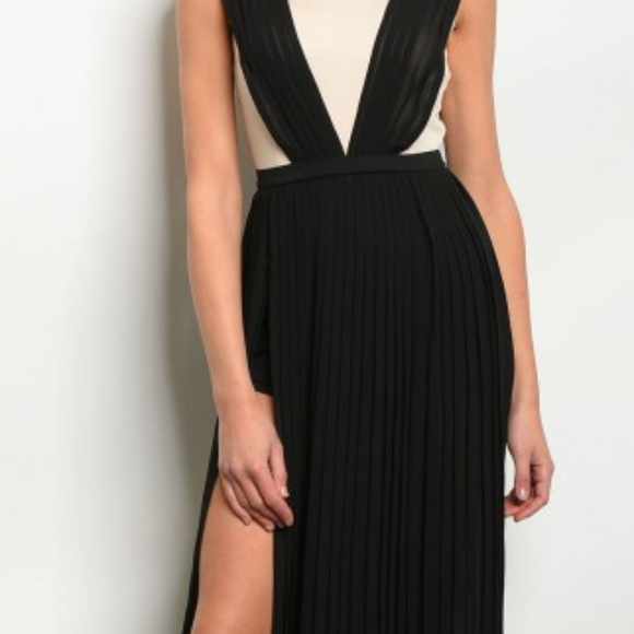 BLACK BEIGE SLIT HEM MAXI DRESS @LAST ONE - Picture 4 of 6